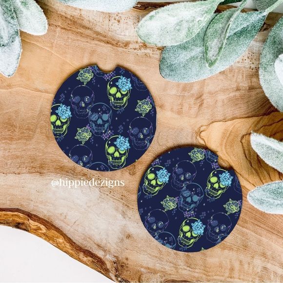 Floral Skull Car Coaster Set | Skull Coaster Set - Picture 1 of 9